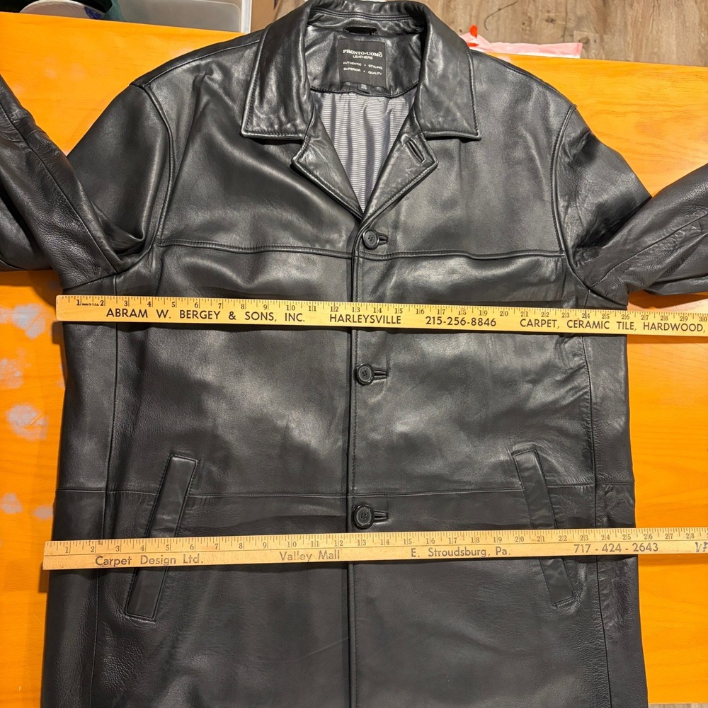 Pronto‎ Uomo Mens XXL Black Leather Jacket Mid Length Overcoat Collar Pockets - Picture 7 of 12